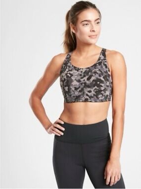 Athleta Advance Camo High Impact Sports Bra Grey Leopard Print Workout 36DD 36E